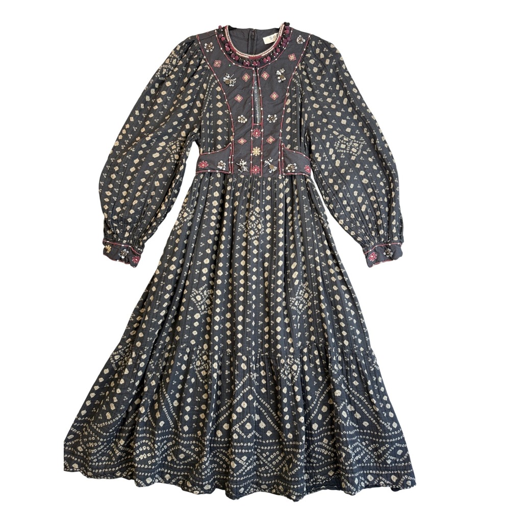 Sea New York Maja Bandhani Print Embroidered Midi Dress Womens L Peasant Folk